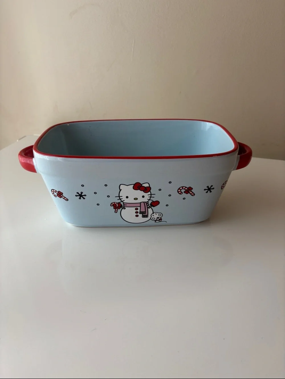 Hello Kitty Light Blue & Red Ceramic Serving Dish with Snowman Design NWOT